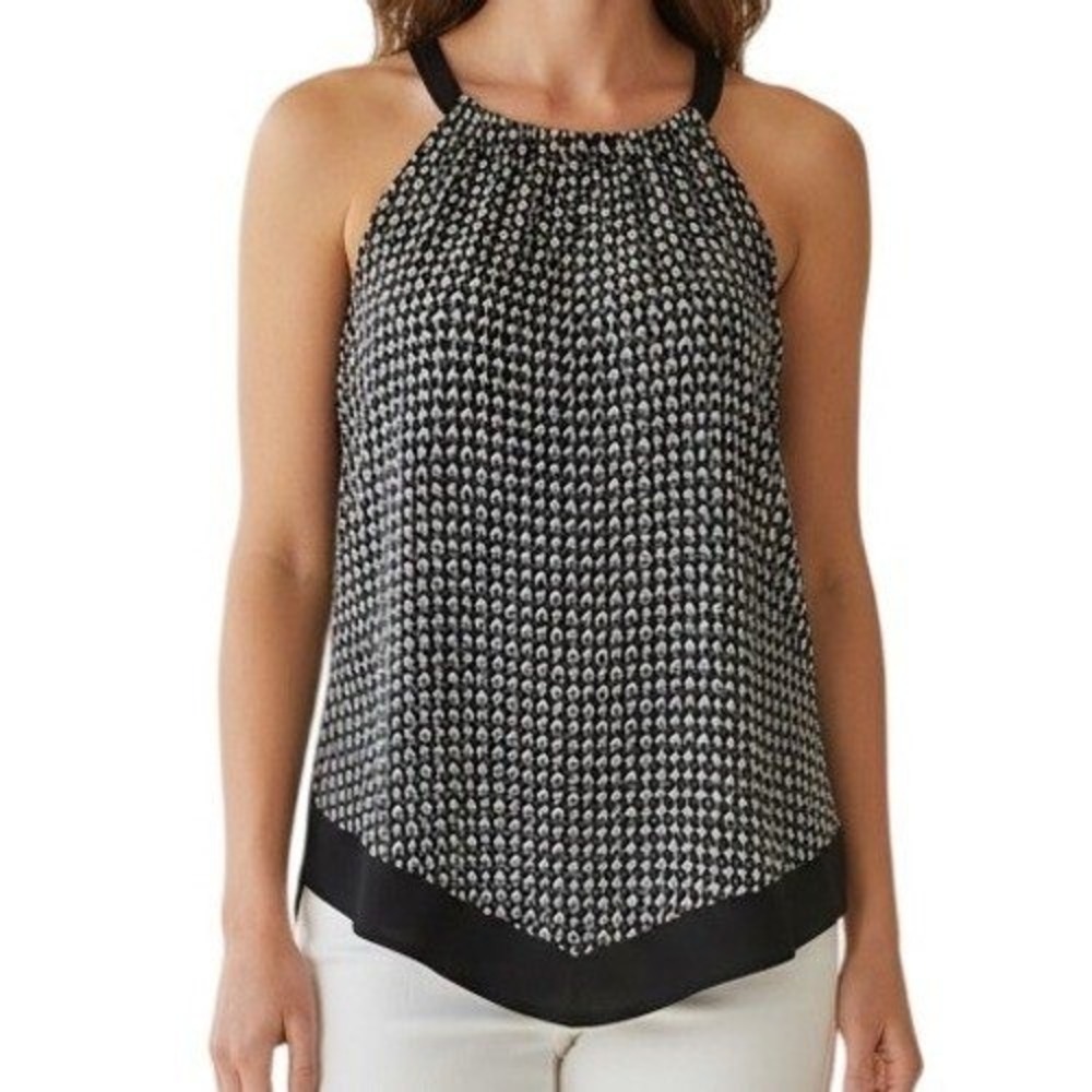 🆕 WHITE HOUSE BLACK MARKET Geometric Halter Sharkbite Black White Top NWOT S